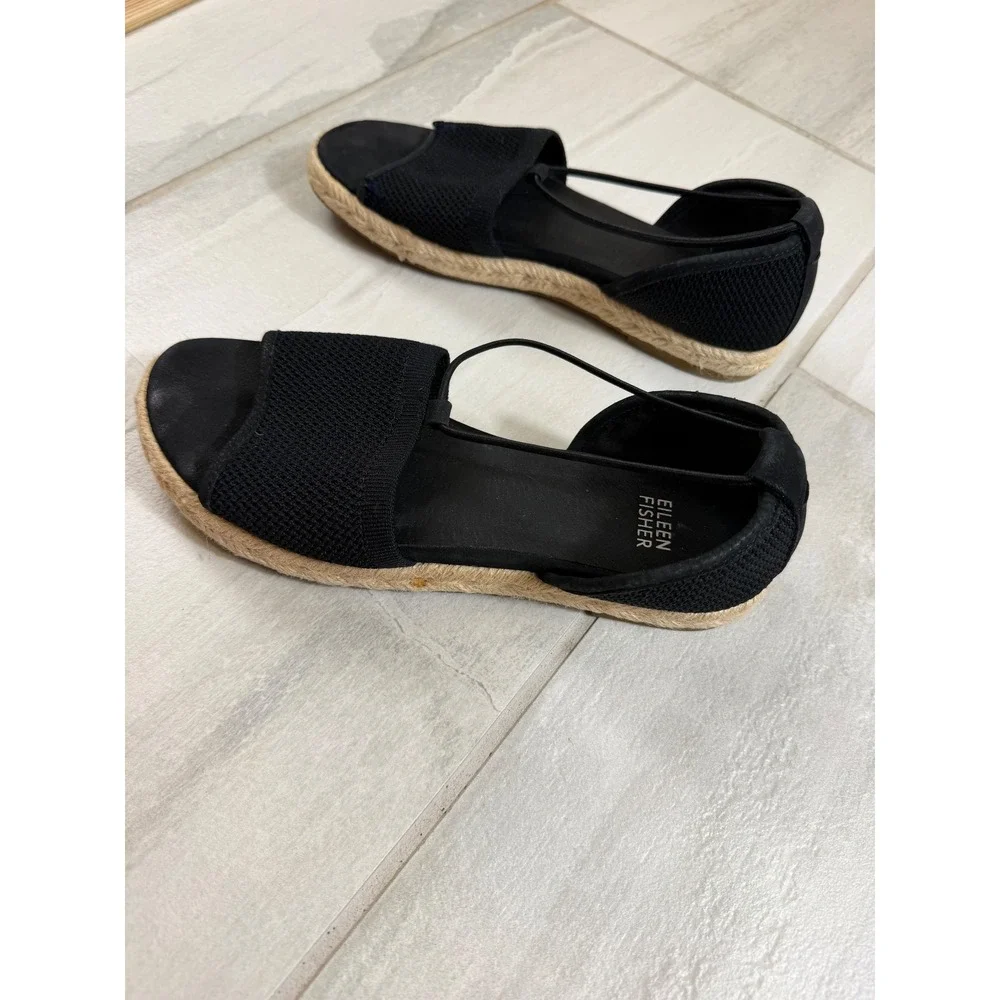 Eileen Fisher Women Black Knit Espadrille Flat Sandals Open Toe D'Orsay 7.5